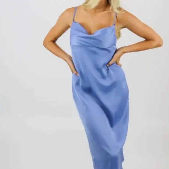 We Wore What Size 2 Silky Blue Dress Midi Draped Party Bridesmaid City Wedding - Picture 1 of 16